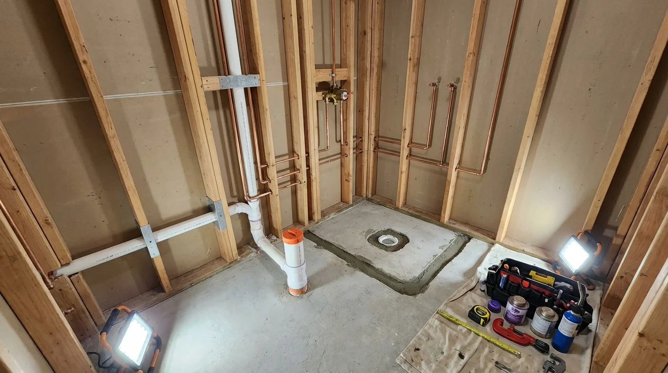 Bathroom rough-in plumbing during remodel by Johns Plumbing LLC in Bridgewater