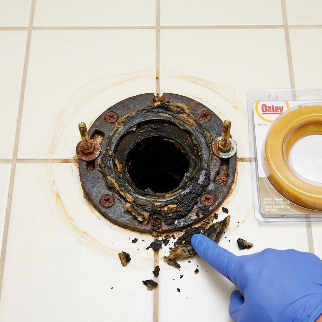 Failed wax ring showing water seepage at the base of a toilet in a Bridgewater, VA home
