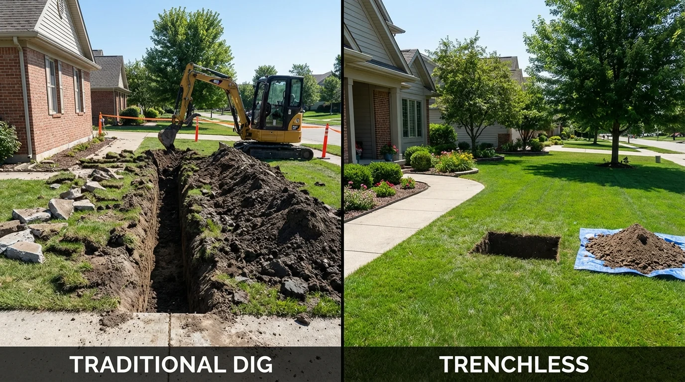 Trenchless sewer repair with minimal yard damage versus traditional excavation in Bridgewater, VA