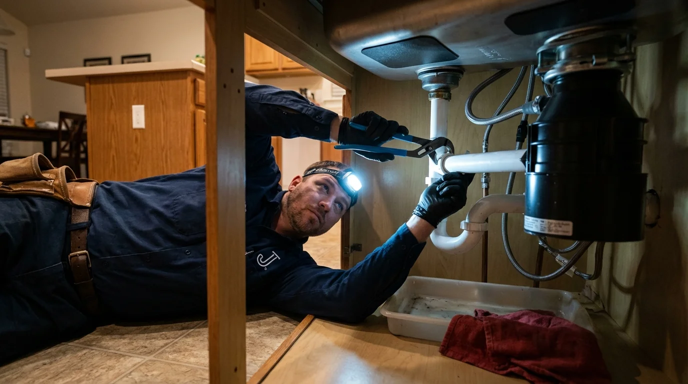P-trap and supply line connections under a kitchen sink showing a common leak point in Bridgewater, VA